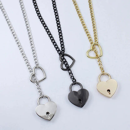 Adjustable Heart Slip Chain Necklace with Key Lock Charm in Black, Silver, and Gold Colours