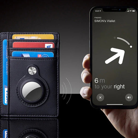 Premium leather wallet with built-in AirTag holder for secure everyday carry and item tracking