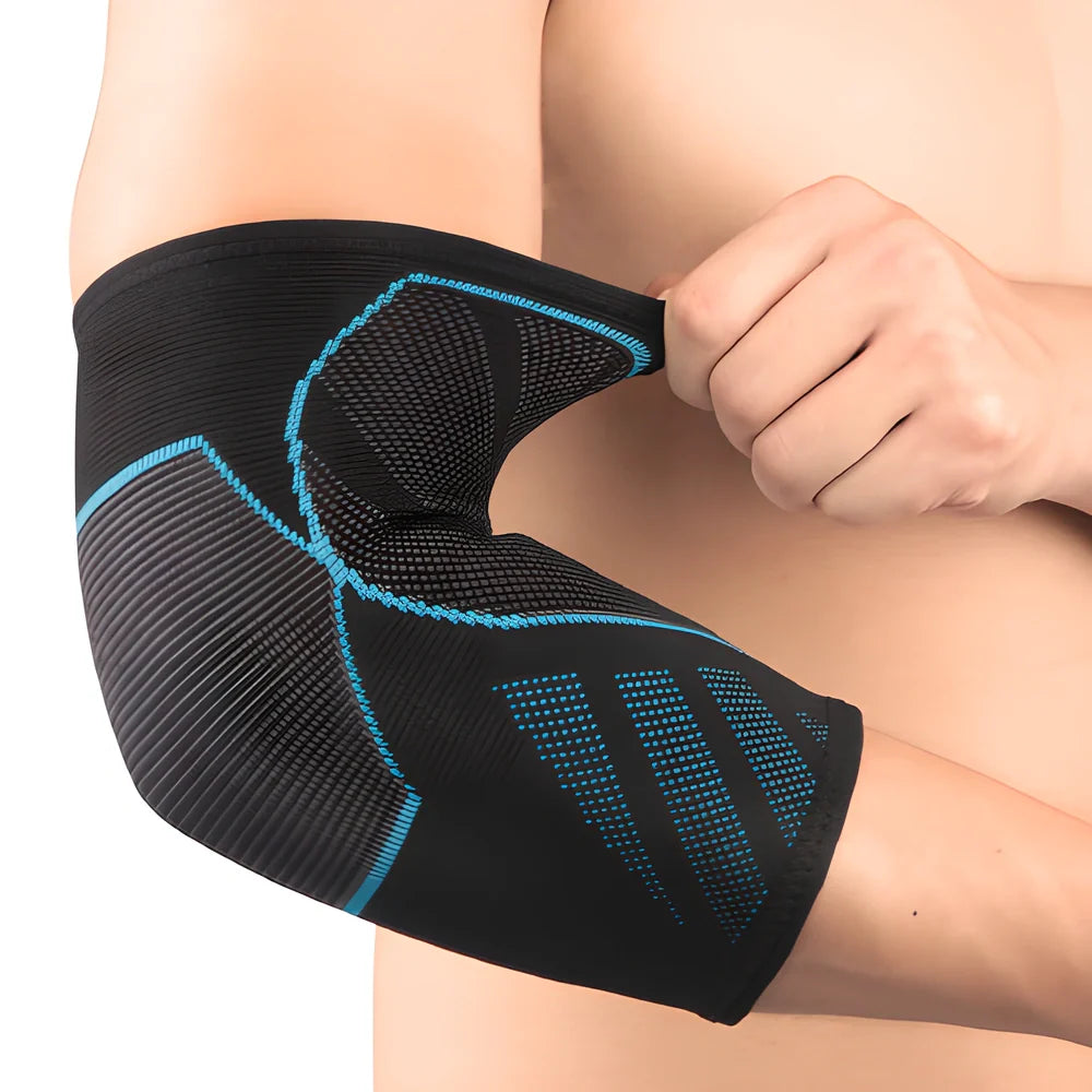 A breathable, ergonomically designed elbow compression sleeve that provides support and protection for active UK athletes