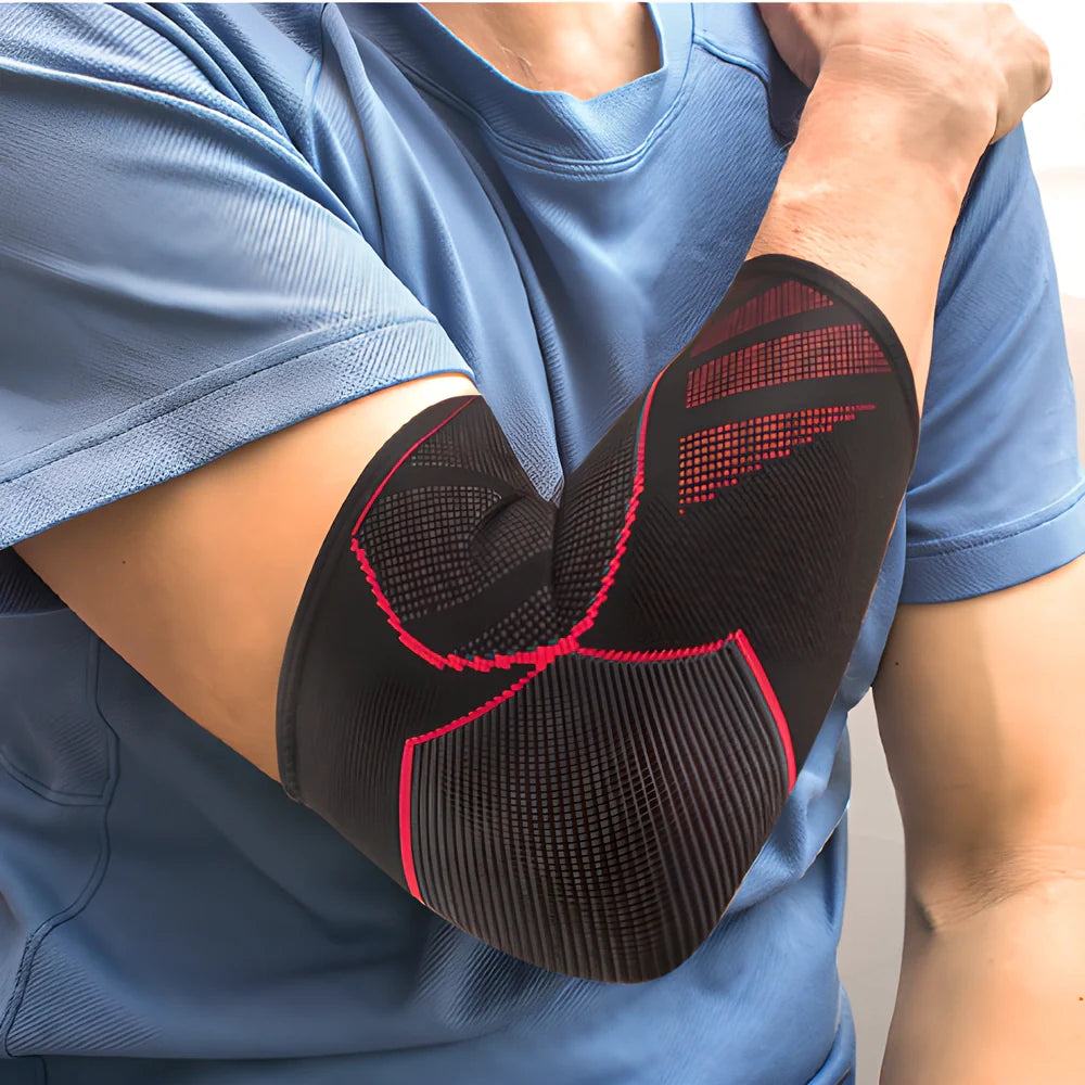 A breathable, ergonomically designed elbow compression sleeve that provides support and protection for active UK athletes