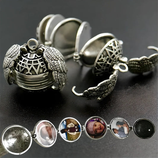 Elegant platinum plated locket necklace with angel wings and 6 photo slots