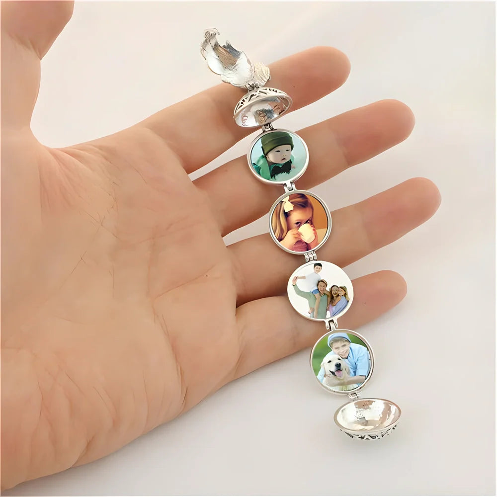 Elegant platinum plated locket necklace with angel wings and 6 photo slots