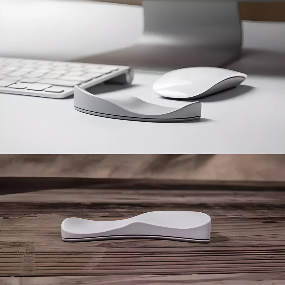 Premium ergonomic wrist support cushion in white and black colours, designed to provide enhanced comfort and alignment for desk-bound users.