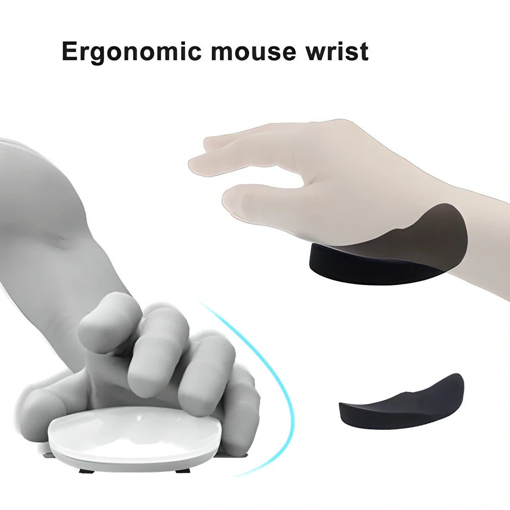 Premium ergonomic wrist support cushion in white and black colours, designed to provide enhanced comfort and alignment for desk-bound users.