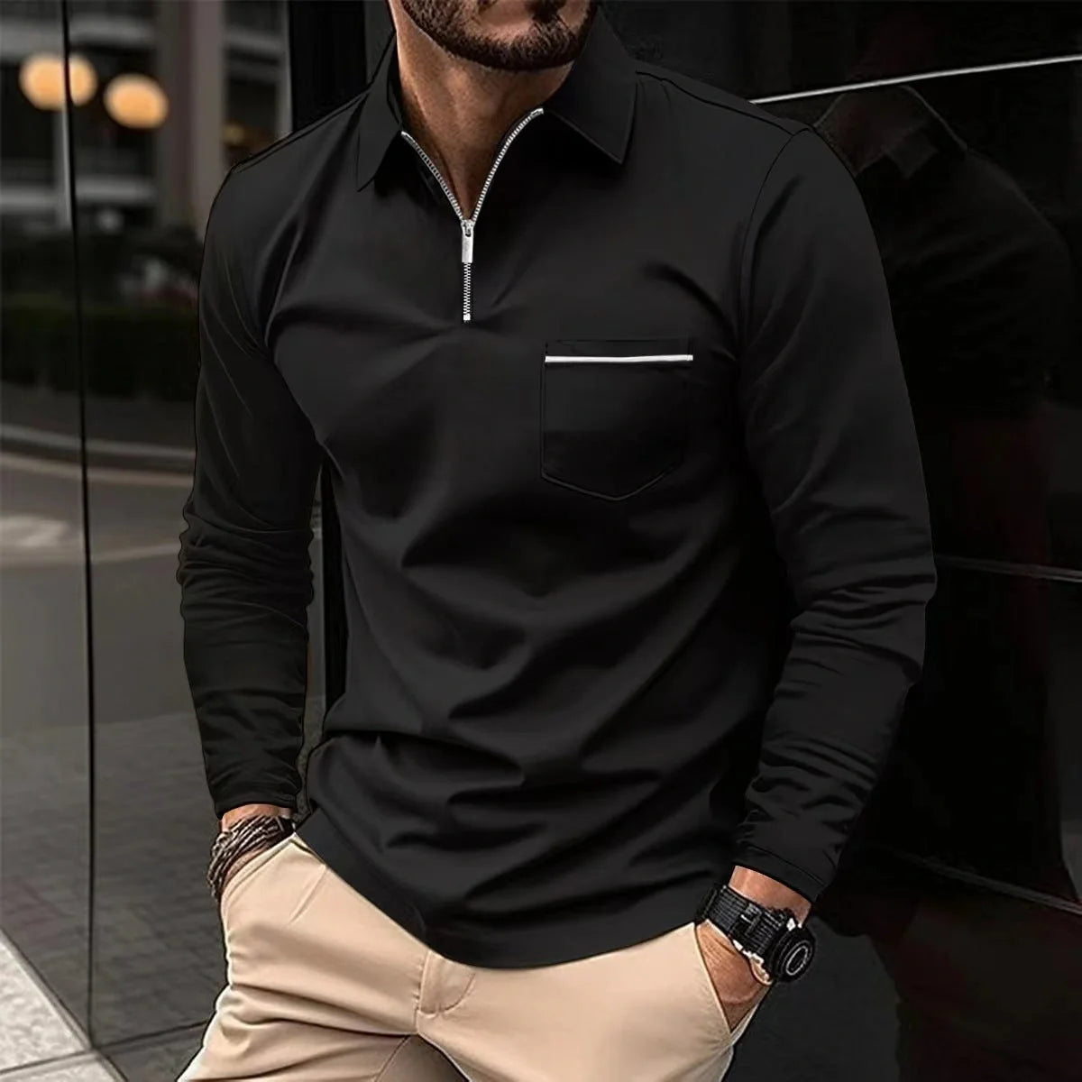 Men's long-sleeved sports polo shirt in various colours for athletic and casual wear