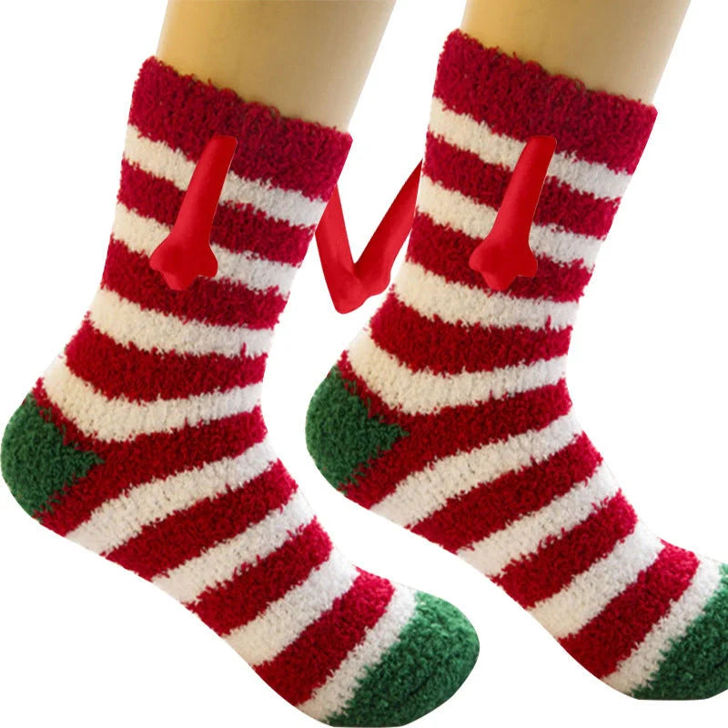 Christmas couple socks with magnetic suction feature for hand holding, festive 3D animal patterns