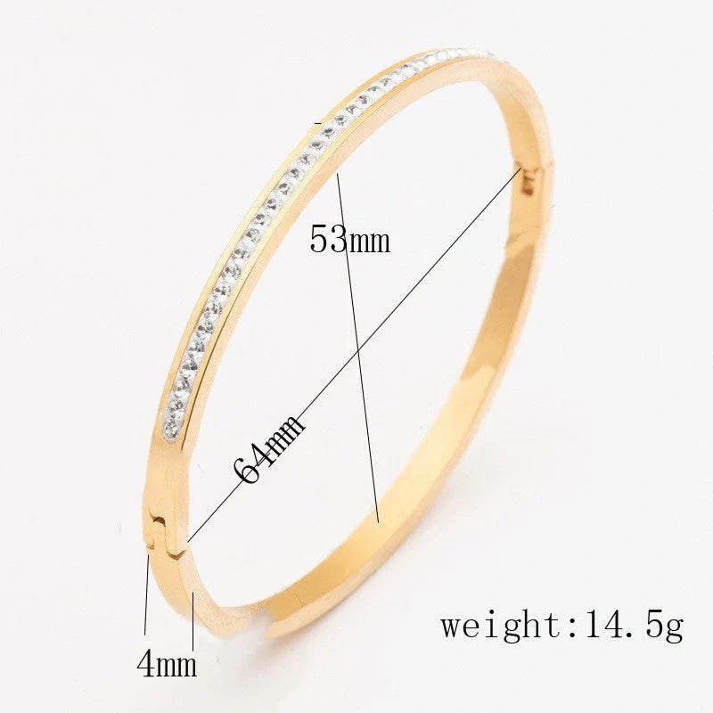 Single row stainless steel bracelet with diamond opening in gold, rose gold, or steel colour