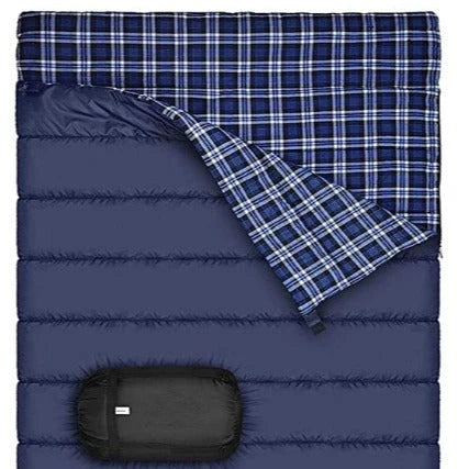 Outdoor camping flannel sleeping bag with pillow, available in black and red stripes or blue with blue ribbon