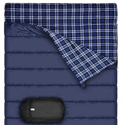 Outdoor camping flannel sleeping bag with pillow, available in black and red stripes or blue with blue ribbon