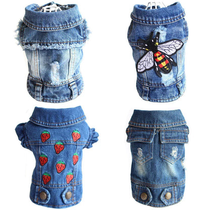 A stylish denim dog jacket with various design options for small breed canines