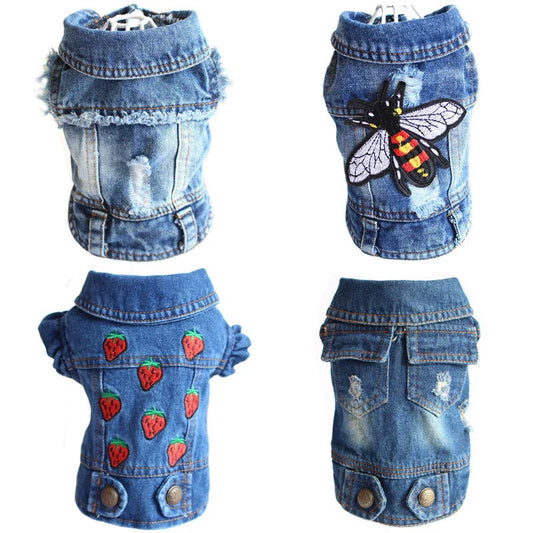 A stylish denim dog jacket with various design options for small breed canines