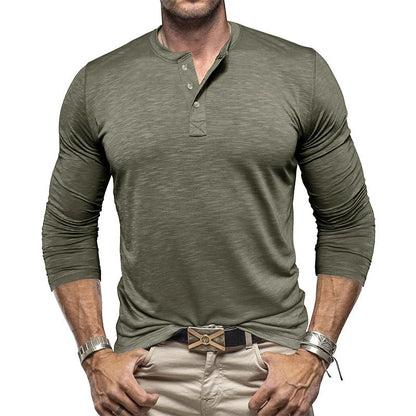 Men's Long-sleeved Henry Collar T-shirt in slub cotton, available in multiple colours