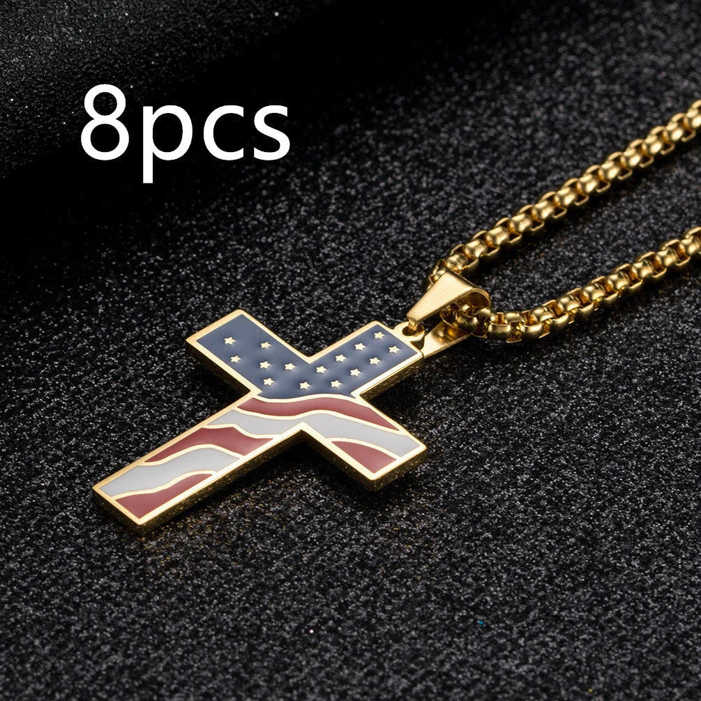 Stainless steel flag cross necklace for men, geometric design, polished finish.