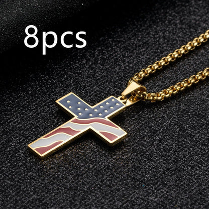 Stainless steel flag cross necklace for men, geometric design, polished finish.