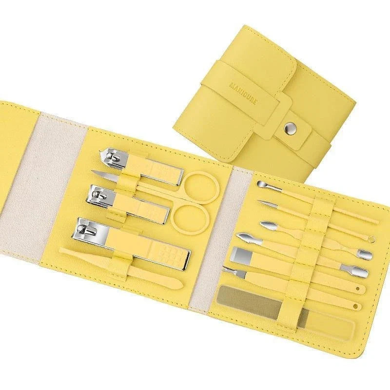 A 16-piece premium manicure and pedicure set with stainless steel tools and a stylish leather case