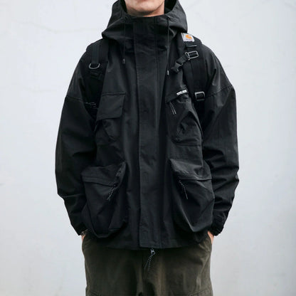 Men's hooded jacket in black, yellow, or green with windproof feature and three-dimensional pockets