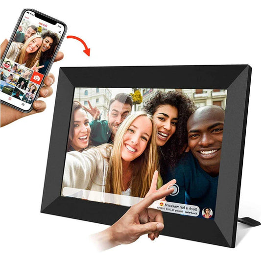 Smart WiFi digital photo frame with rotating display, high-resolution IPS-LCD screen, and seamless photo sharing capabilities