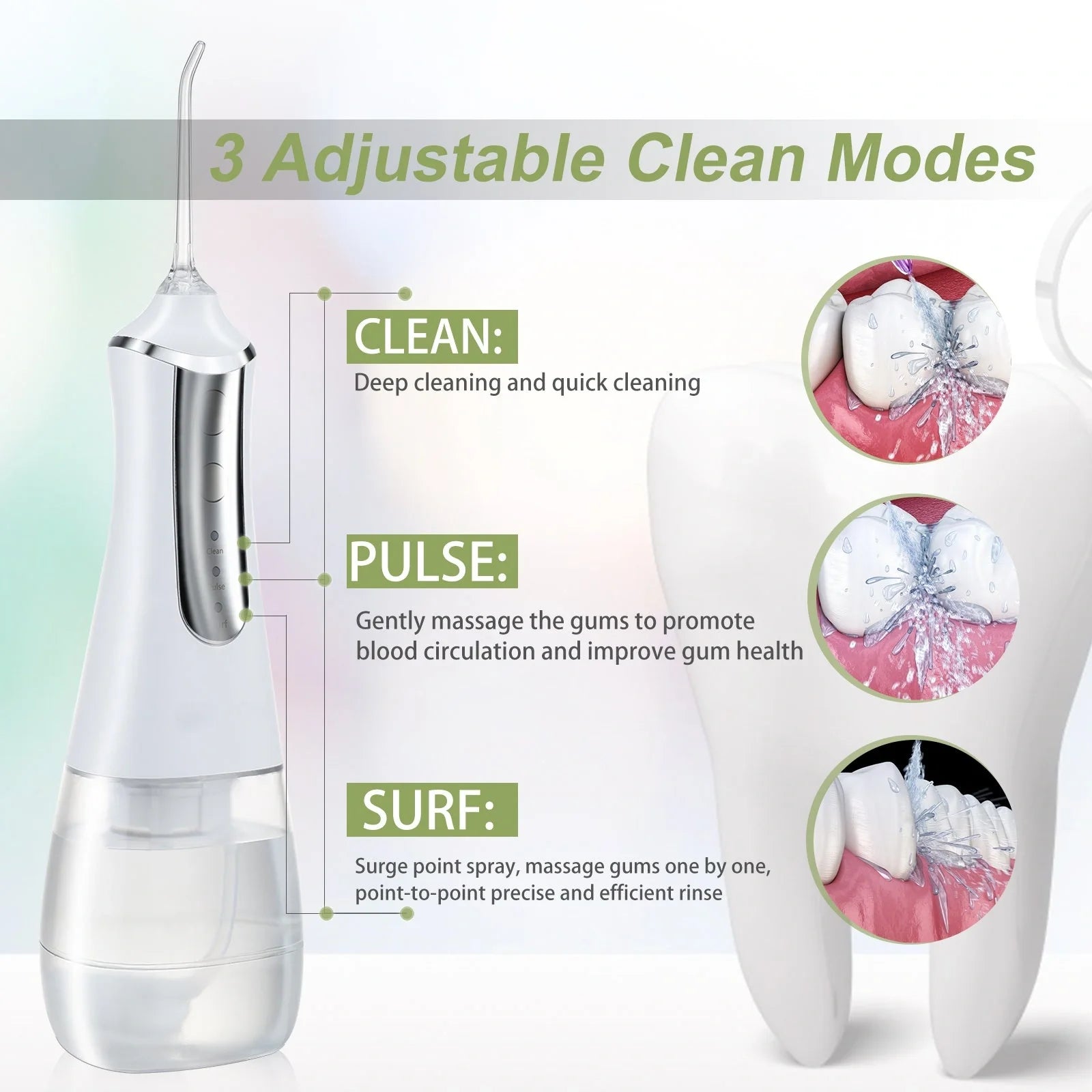 USB rechargeable oral irrigator with 3 cleaning modes and 350ml water tank