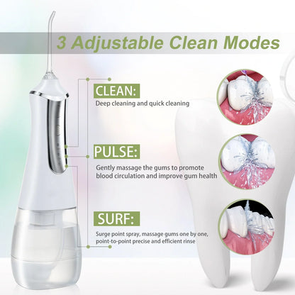 USB rechargeable oral irrigator with 3 cleaning modes and 350ml water tank