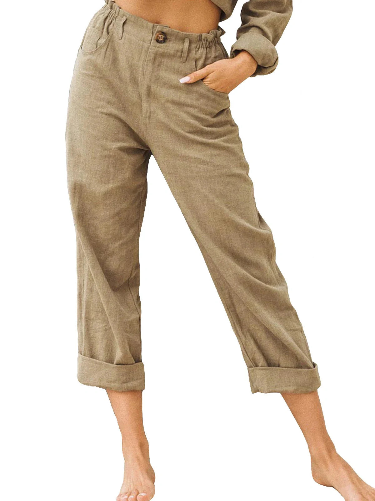 Women's cotton linen patchwork pants with drawstring back and elastic waist in various colours