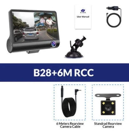 High-definition driving recorder with dual cameras, HDR and WDR support, and wide-angle lenses for comprehensive coverage