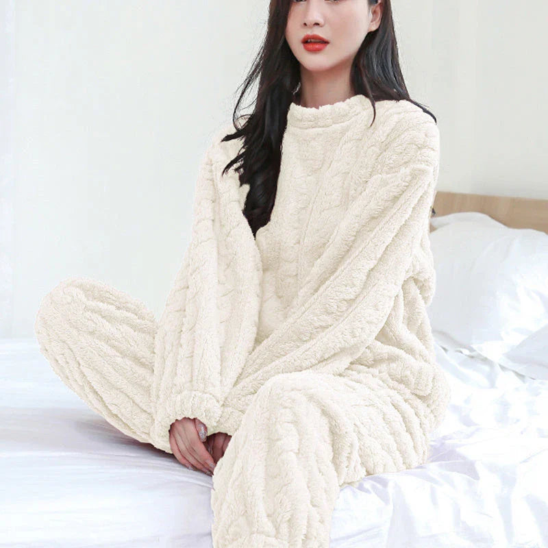 Cozy coral velvet pajama set with long sleeves and drawstring trousers for indoor and outdoor casual wear