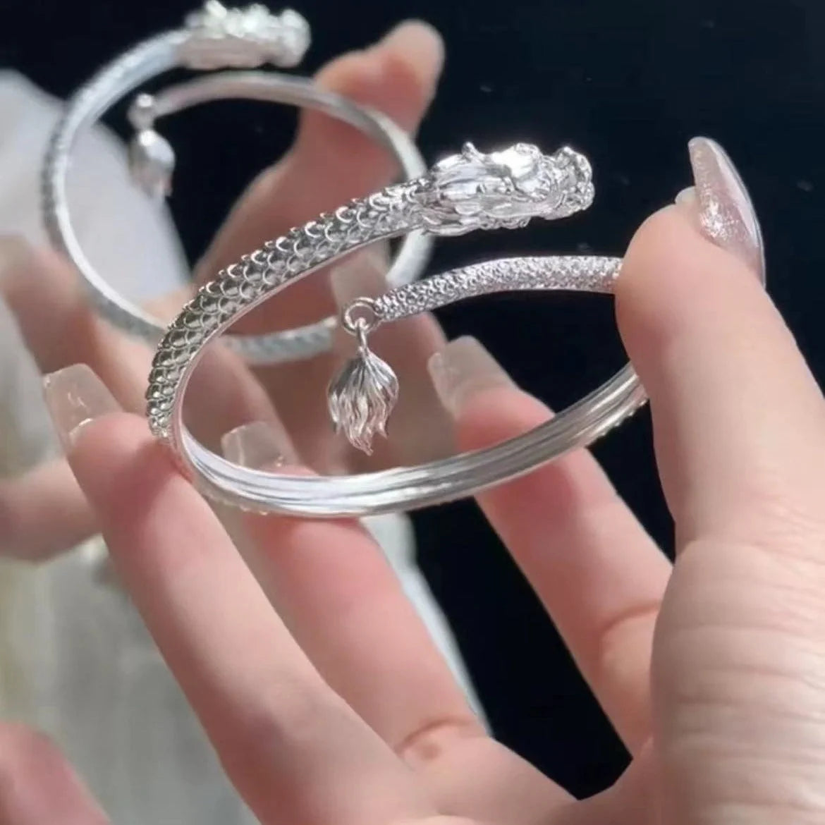Adjustable Chinese-style dragon tail bangle bracelet with intricate dragon and phoenix decorations