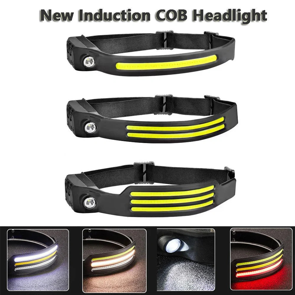 USB Rechargeable LED Induction Headlamp for camping and night riding with adjustable strap