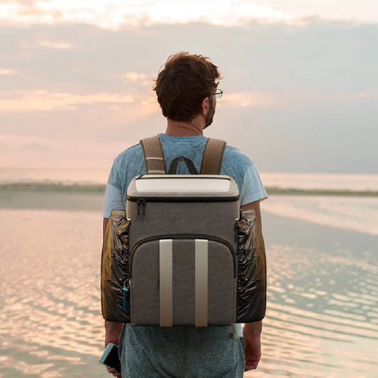 Premium refrigerated backpack in grey and black colours, perfect for picnics and outdoor adventures in the British countryside