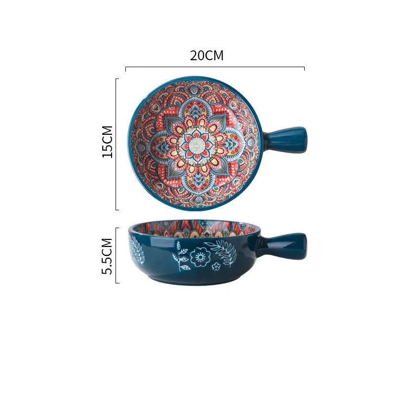Set of elegant ceramic dessert bowls featuring hand-painted floral patterns in blue, red, and green glazes