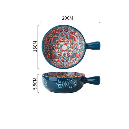 Set of elegant ceramic dessert bowls featuring hand-painted floral patterns in blue, red, and green glazes