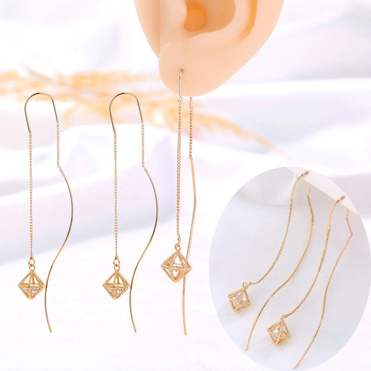 Gold Bronze Cutout Zircon Tassel Earrings with European and American Style