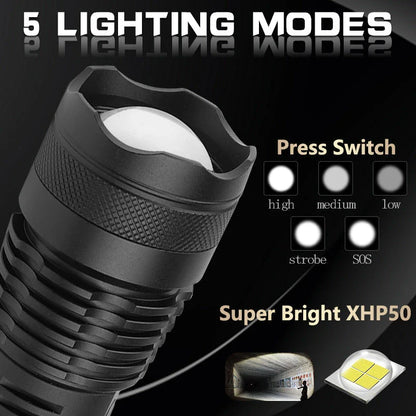 A durable, waterproof USB rechargeable flashlight with adjustable zoom and powerful LED light.