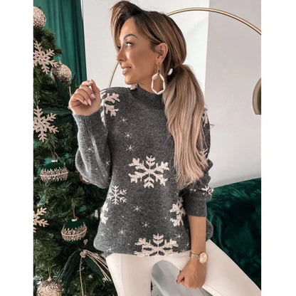 Women's festive Christmas snowflake print knitted sweater in red, green, and grey