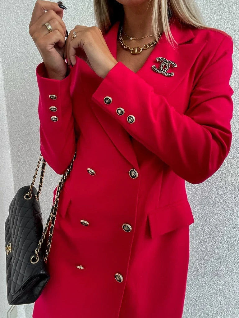 Elegant lace-trimmed double-breasted dress in red, black, and green colors with A-line silhouette