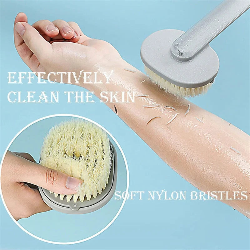 Ergonomic dual-purpose shower brush with detachable head in yellow, grey, green, and pink