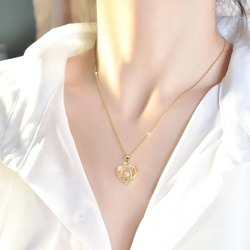 Heart-shaped rhinestone clavicle chain necklace in gold, silver, and blue