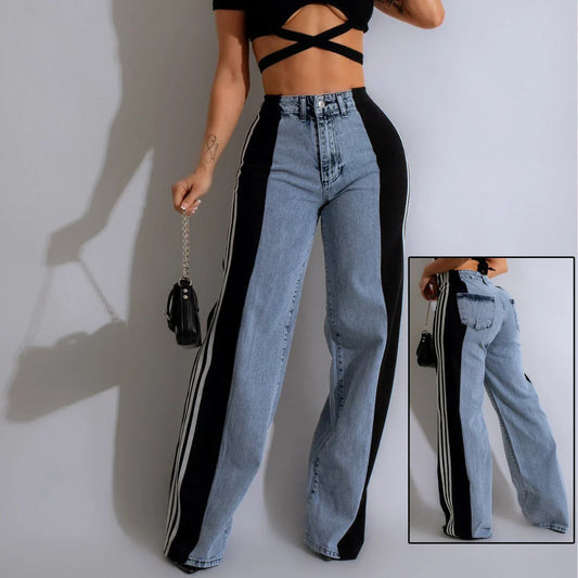 Stylish high-waist denim pants with patchwork details, available in a range of trendy color combinations