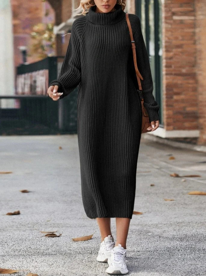 Cosy knitted turtleneck dress in a range of colours, including milky white, caramel, black, dark gray, and dark green
