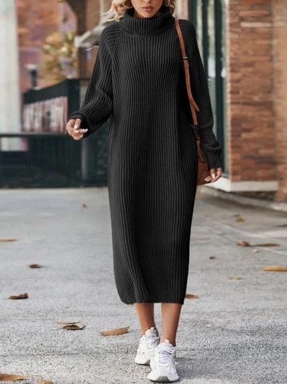 Cosy knitted turtleneck dress in a range of colours, including milky white, caramel, black, dark gray, and dark green