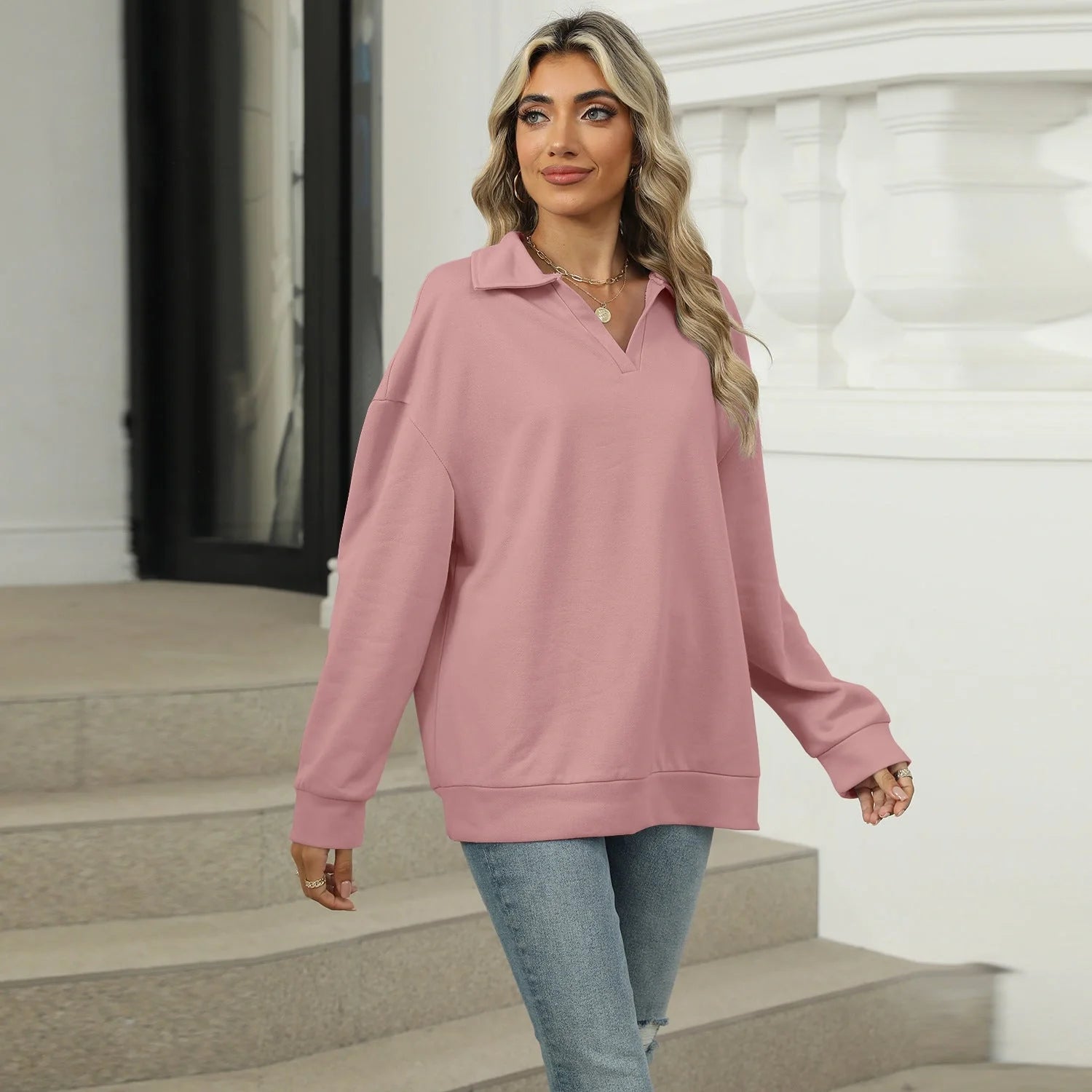 Women's Lapel V-neck Sweatshirt in solid colours with long sleeves