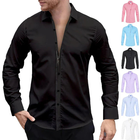 Long sleeve zip-up shirt with button and lapel details in a variety of colors