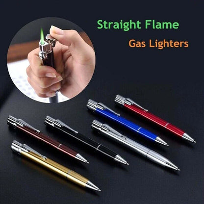 Premium metal pen lighter with a powerful windproof flame, refillable butane design, and compact portable size for outdoor adventures and everyday use