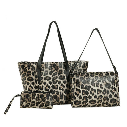 Leopard print tote set with multiple compartments and double shoulder straps
