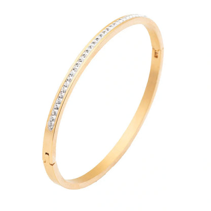 Single row stainless steel bracelet with diamond opening in gold, rose gold, or steel colour