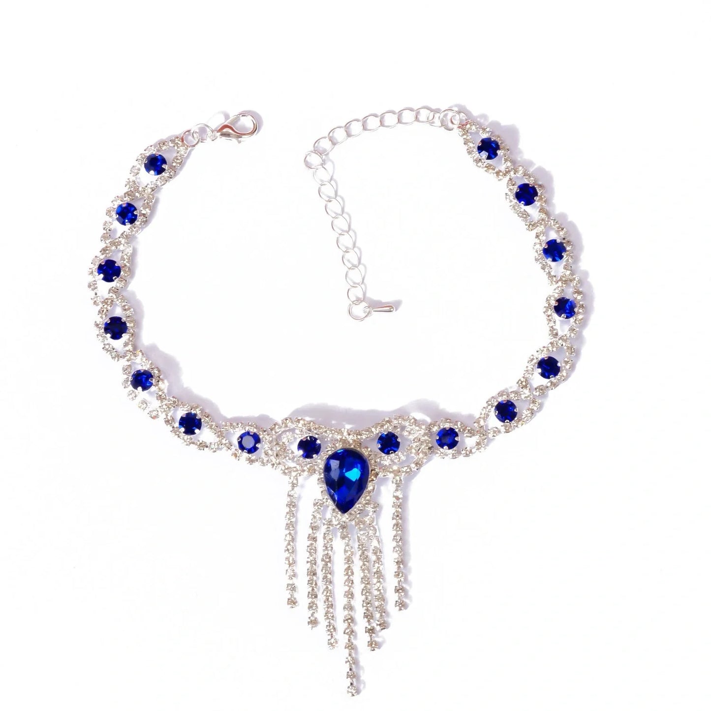 Elegant blue rhinestone tassel anklet for women, perfect for adding glamour to any outfit.