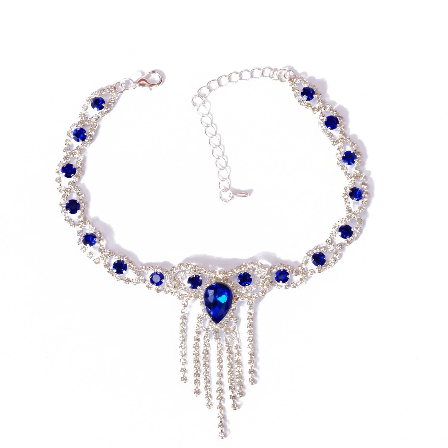 Elegant blue rhinestone tassel anklet for women, perfect for adding glamour to any outfit.