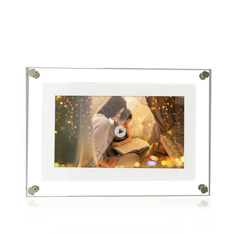 Stylish digital picture frame with acrylic exterior, supporting full HD video playback, automatic content recognition, and dual-speaker audio system