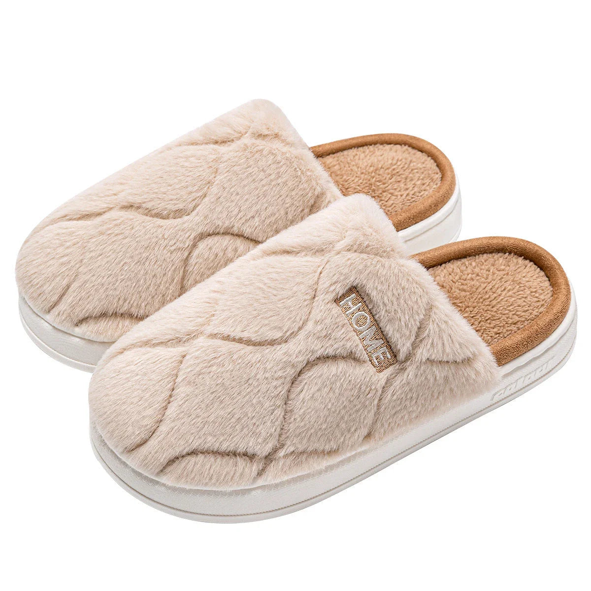 Plush slippers with soft, cushiony upper and durable PVC sole for cozy indoor comfort and traction