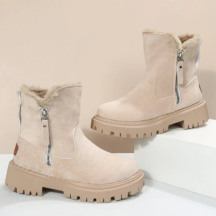 Women's foldable plush snow boots in black and khaki with round-toe design